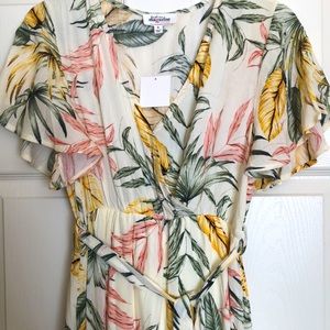 Tropical cream summer maxi wrap dress flutter sleeve S